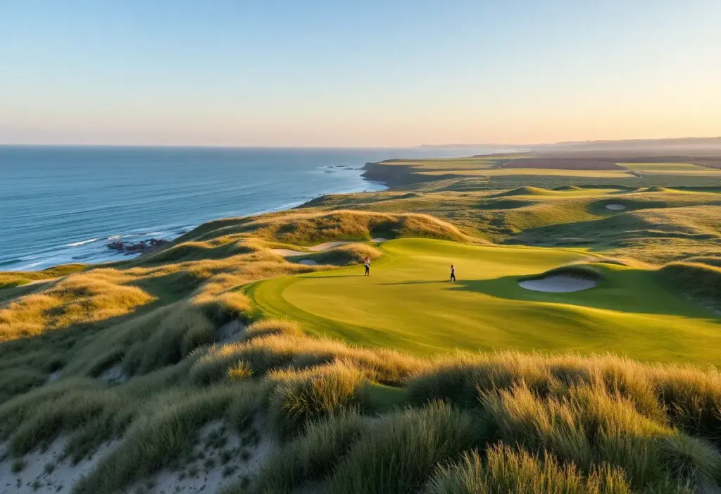 A scenic view of Trump International Scotland Golf Course with coastal dunes.