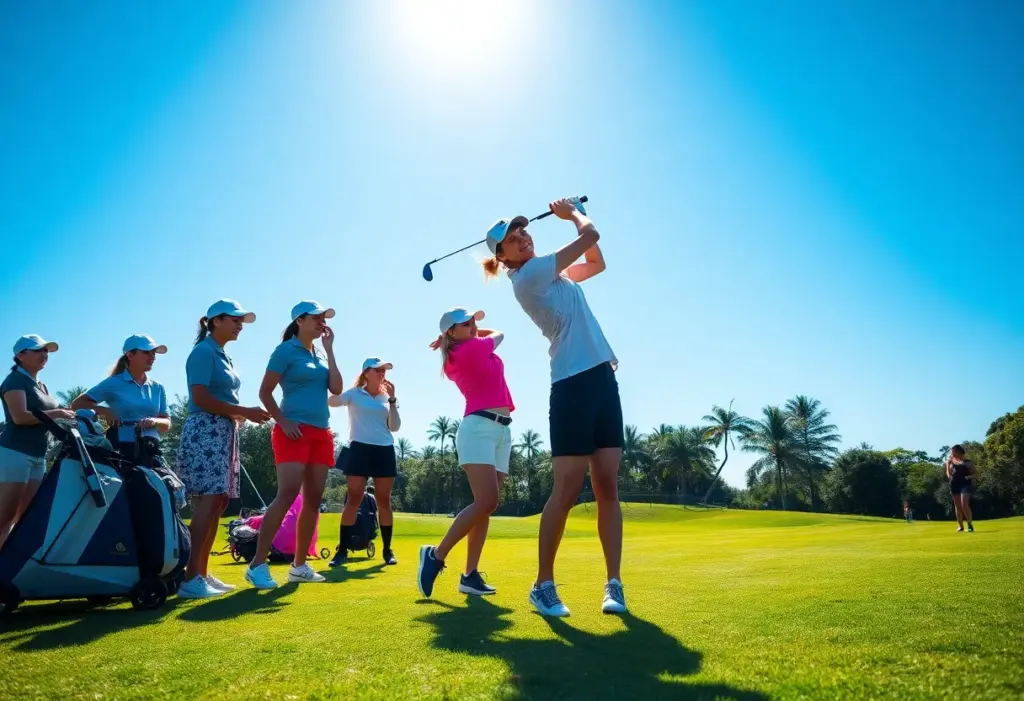 Women's golfers celebrating on the green during a tournament