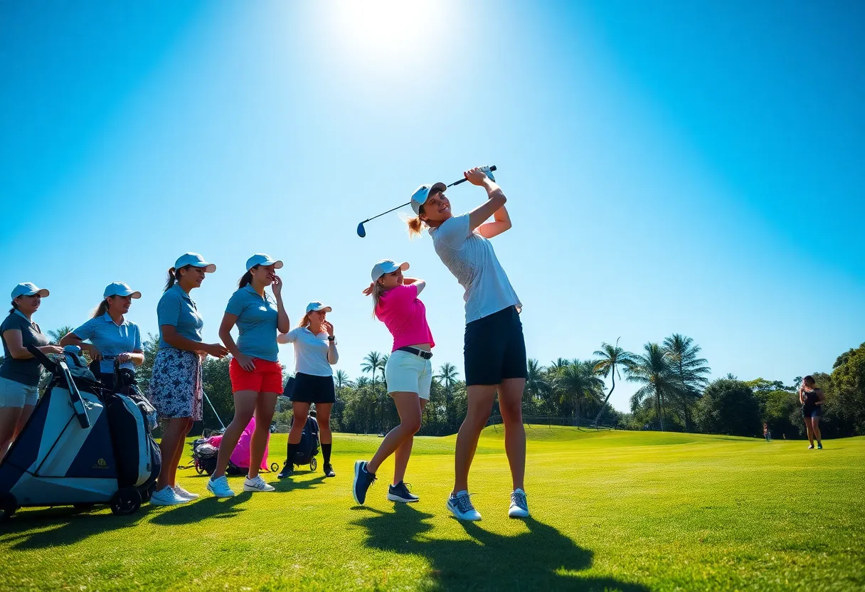 Women's golfers celebrating on the green during a tournament