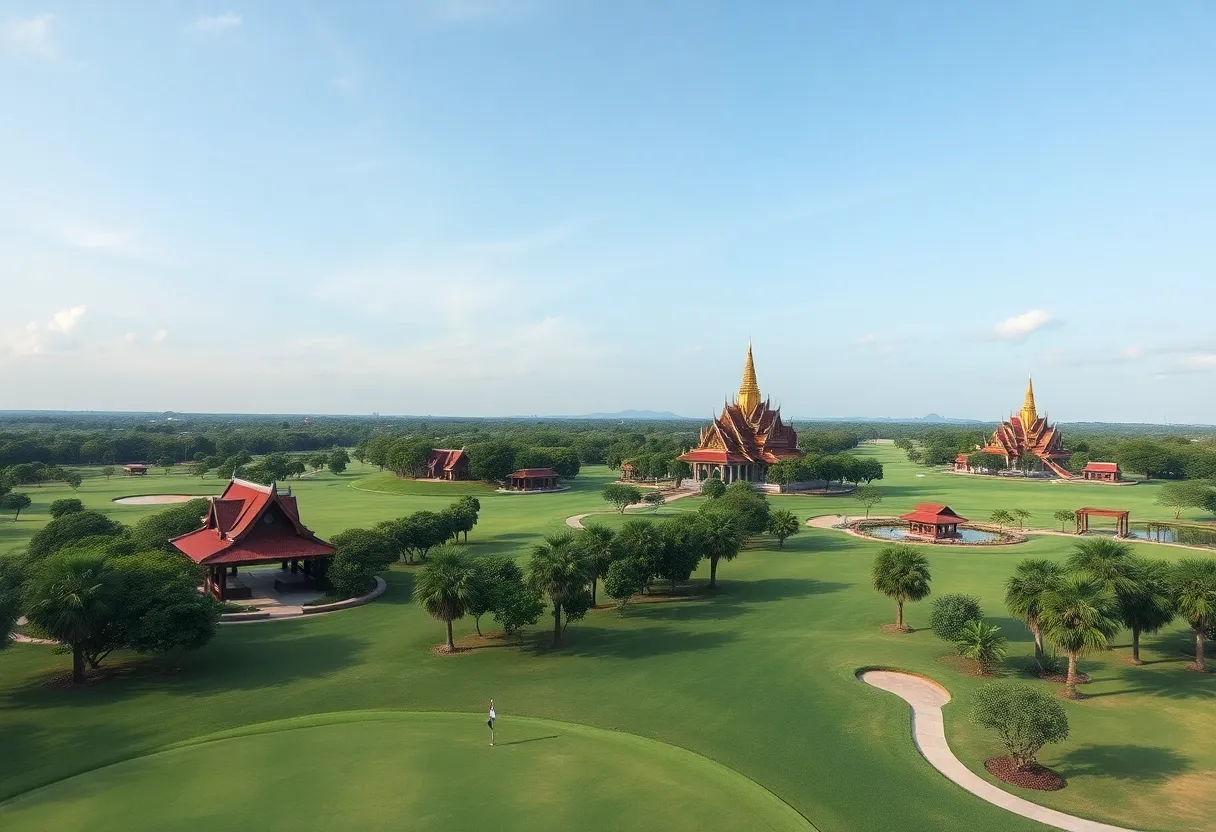 Scenic view of Vattanac Golf Resort showcasing the golf course and Khmer architectural elements.