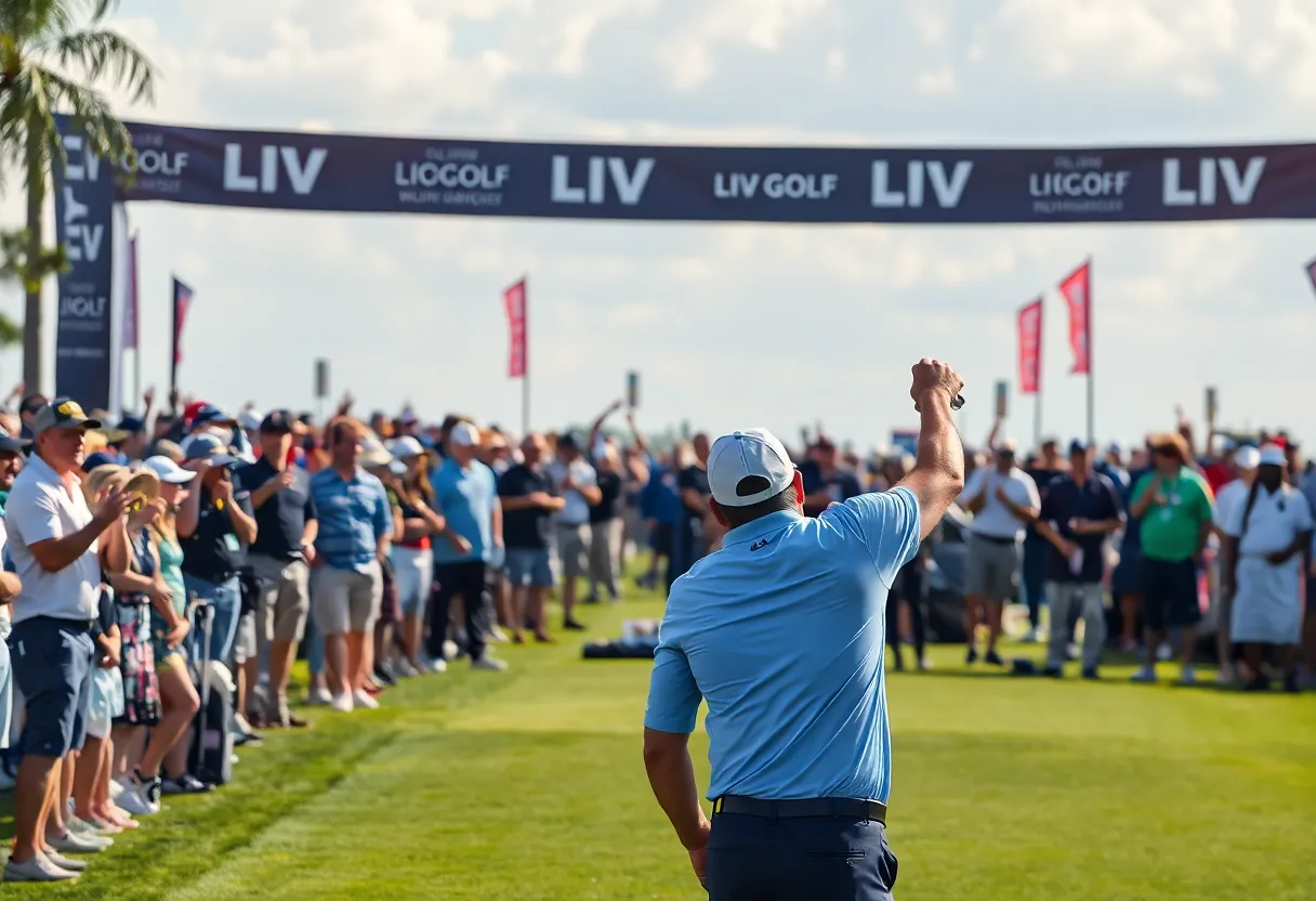 Crowd enjoying a LIV Golf tournament with banners and players.