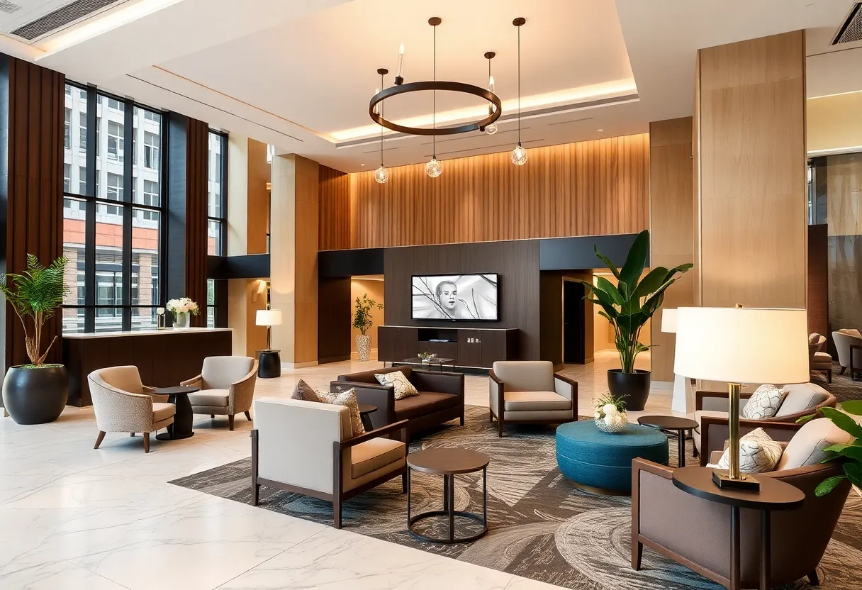 Modern hotel lobby of voco Bonnington Dubai featuring stylish decor and welcoming ambiance.