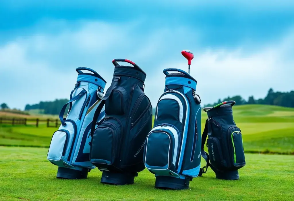 Display of various waterproof golf bags on a rainy golf course