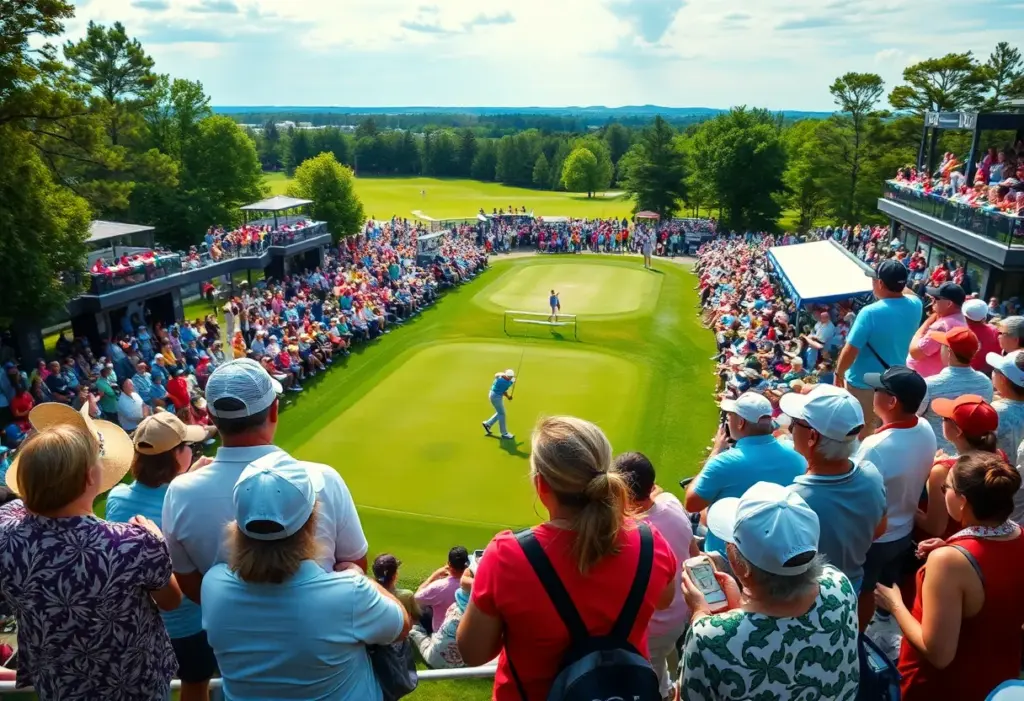 Aerial view of a golf tournament showcasing fans and players in action.