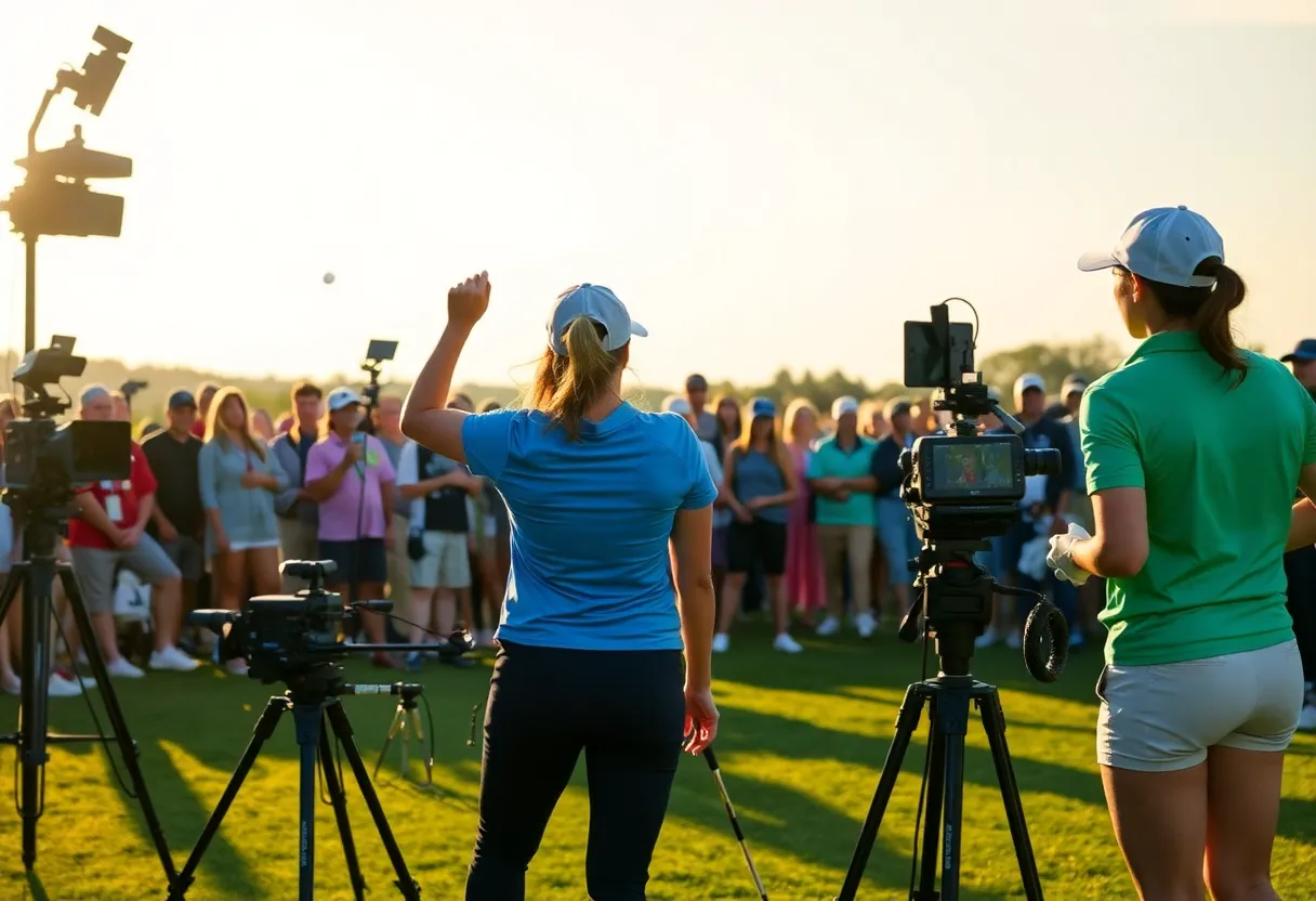 A vibrant women's golf tournament in action with advanced cameras and equipment.