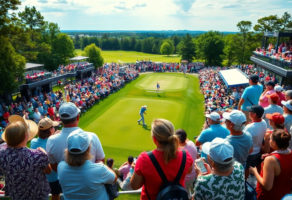 Aerial view of a golf tournament showcasing fans and players in action.