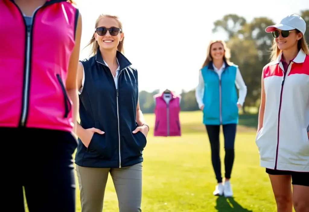 A display of women's golf vests in different styles and colors on a golf course.