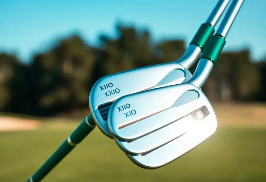 Set of XXIO 13 Irons with vibrant colors displayed outdoors