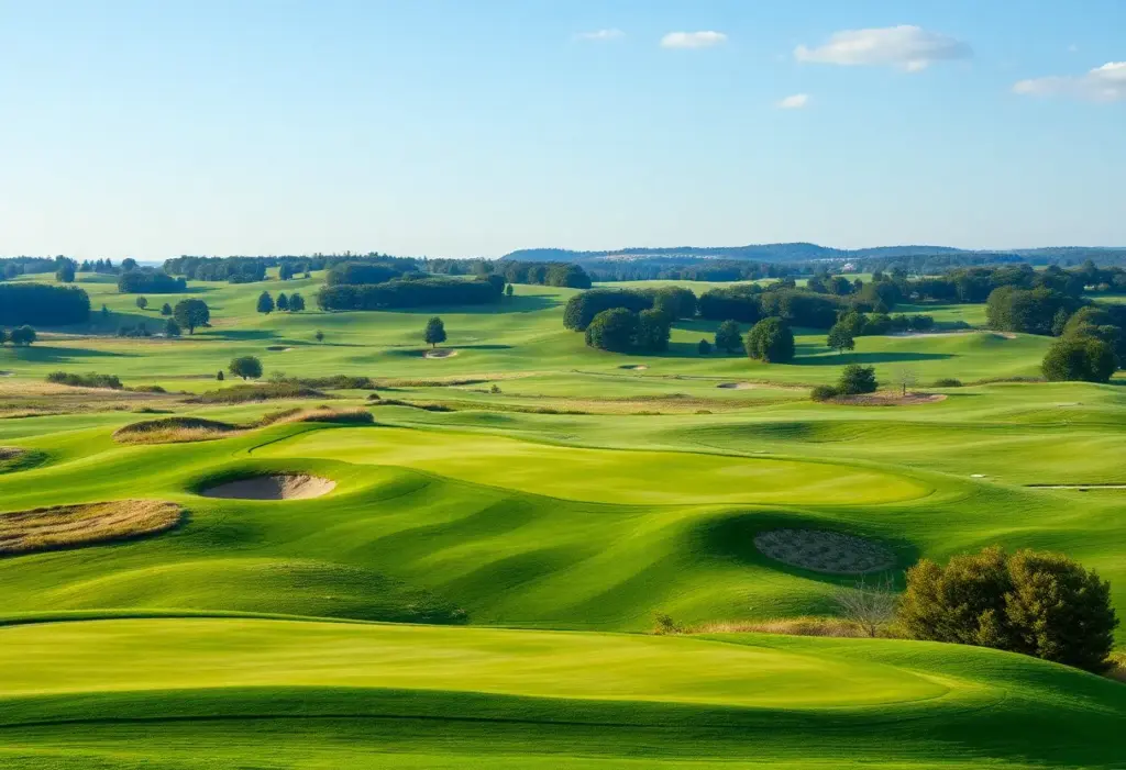 Aerial view of Yas Links Golf Course with green fairways