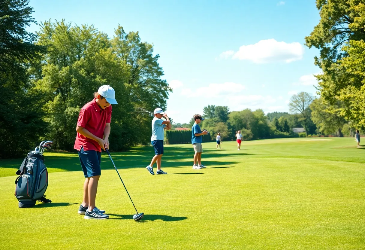 Aspiring golfers training on a lush golf course.