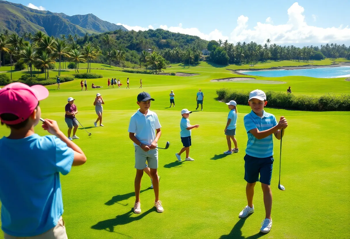 A scene of young golfers in Hawaii during the Drive, Chip and Putt competition.