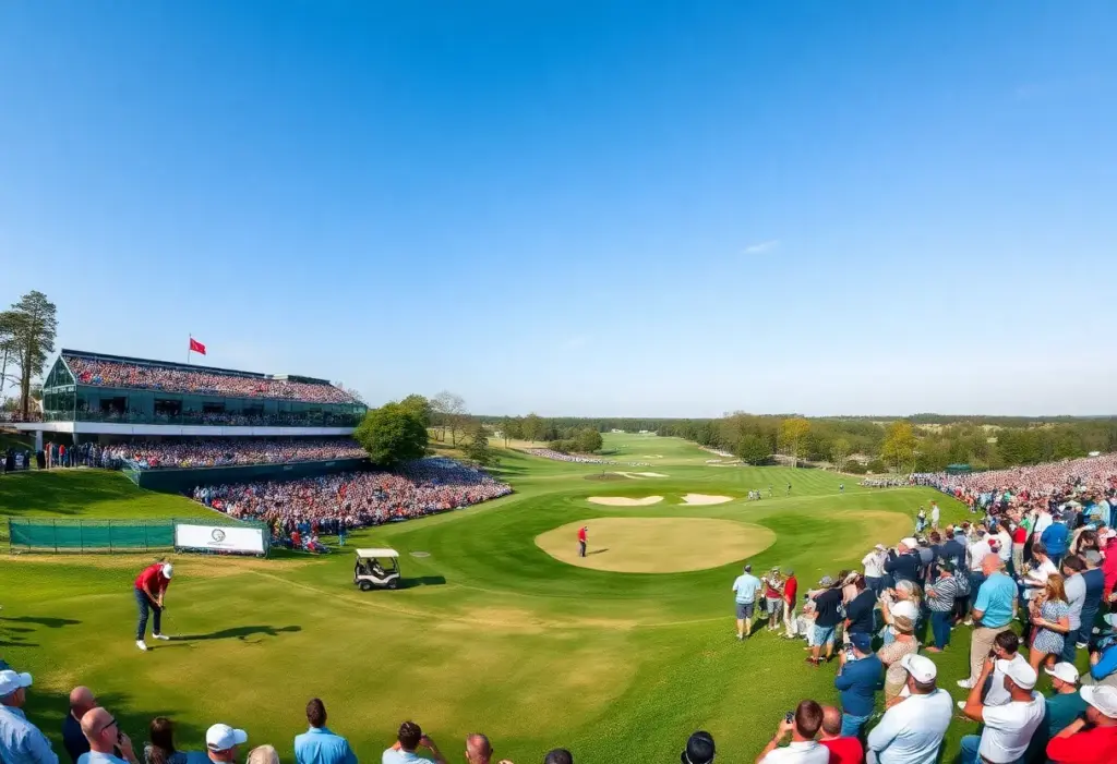 A golf tournament setting with players and spectators