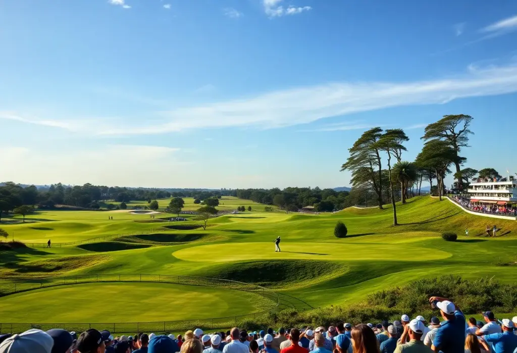 Golfers competing at the Australian Open on scenic golf course