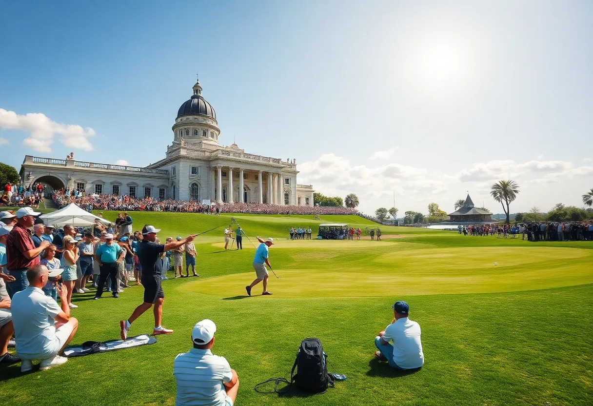 Golf tournament at Royal Melbourne Golf Club with players and fans