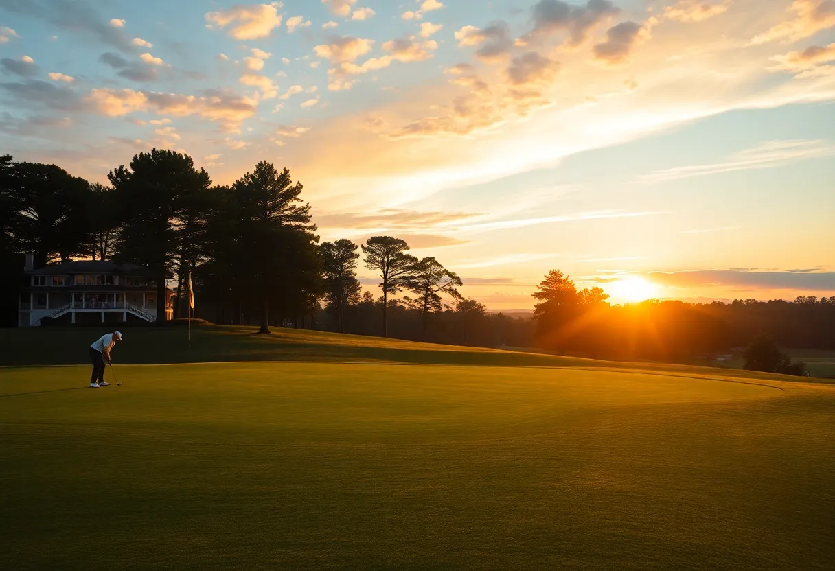 Landscape of a golf course at sunset with golfers playing