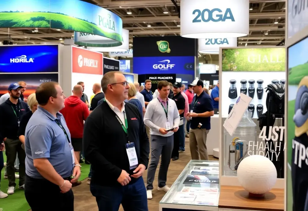 2026 PGA Show exhibition with various golf brands and professional interactions.