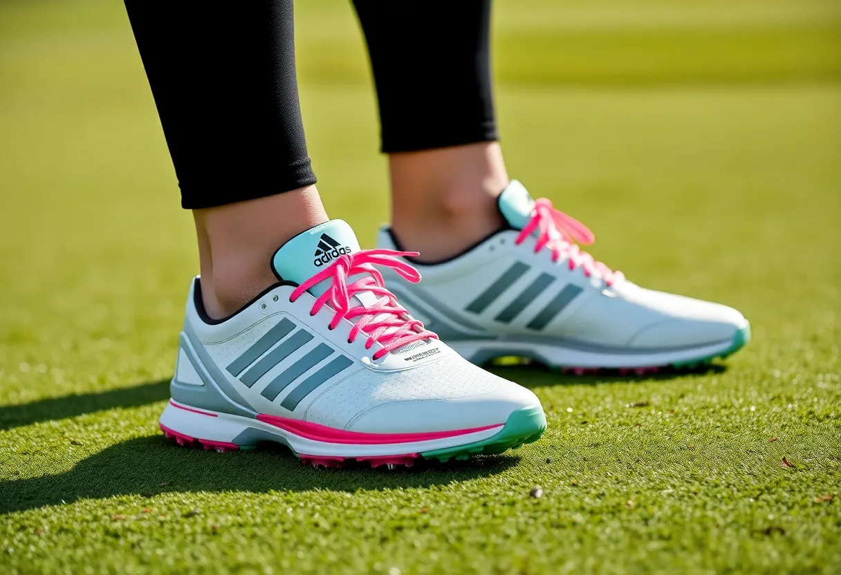 Vibrant adidas CodeChaos women's golf shoes on a golf course