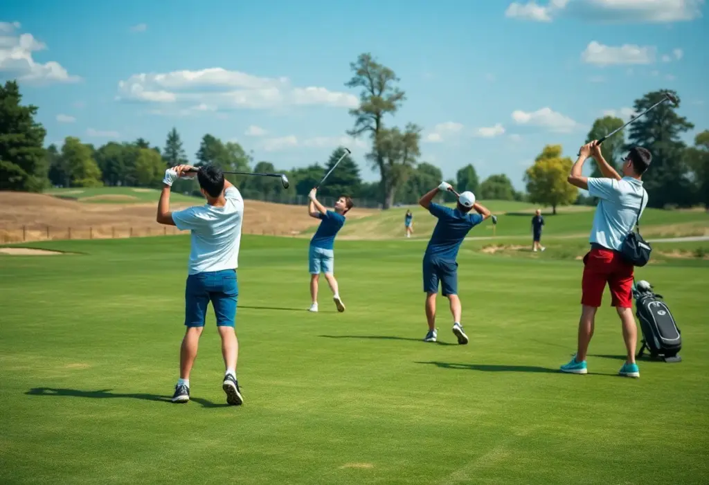 Students practicing golf on a sunny day at a beautiful golf course