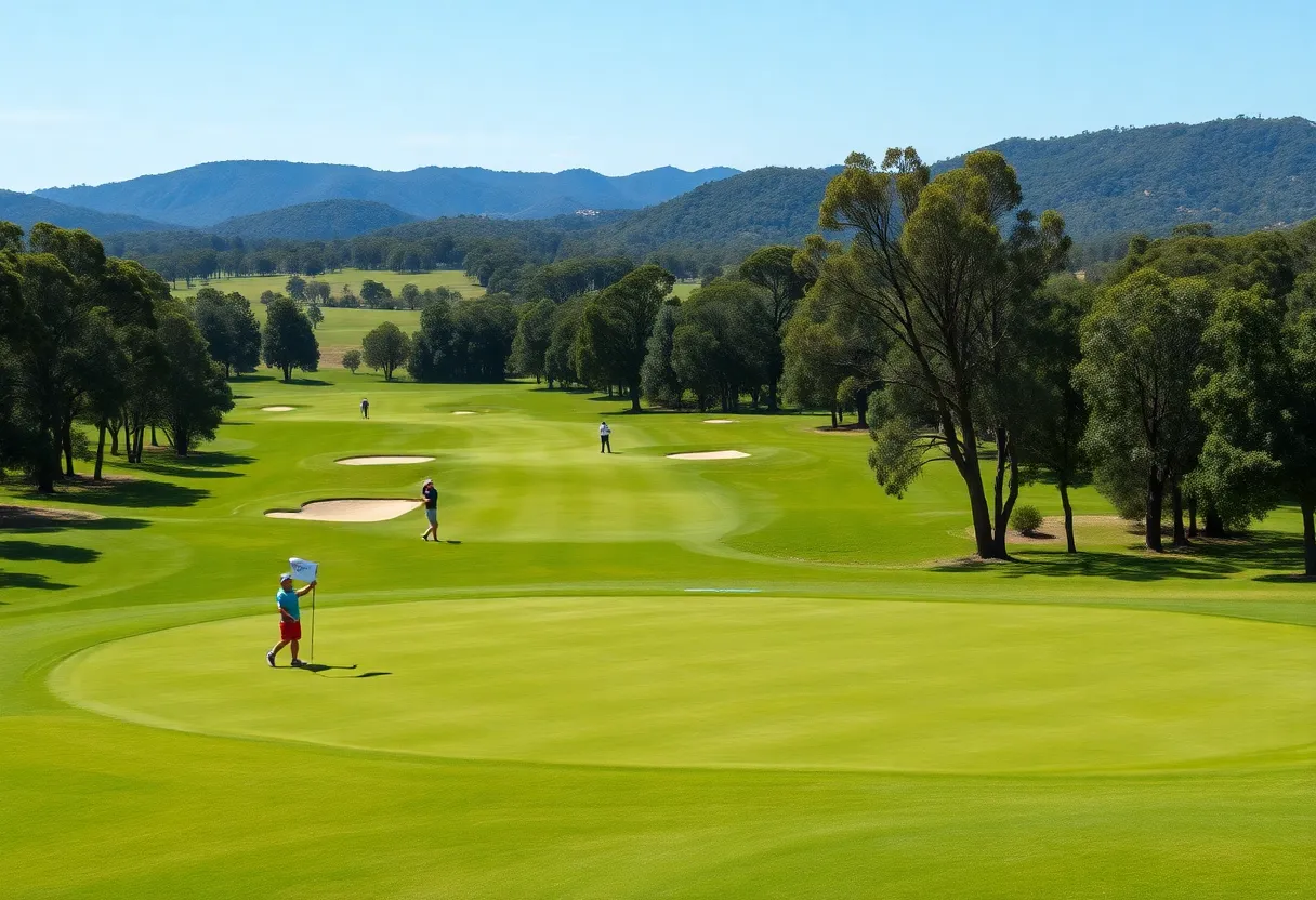 A beautiful golf course scene in Australia with players preparing for a game.