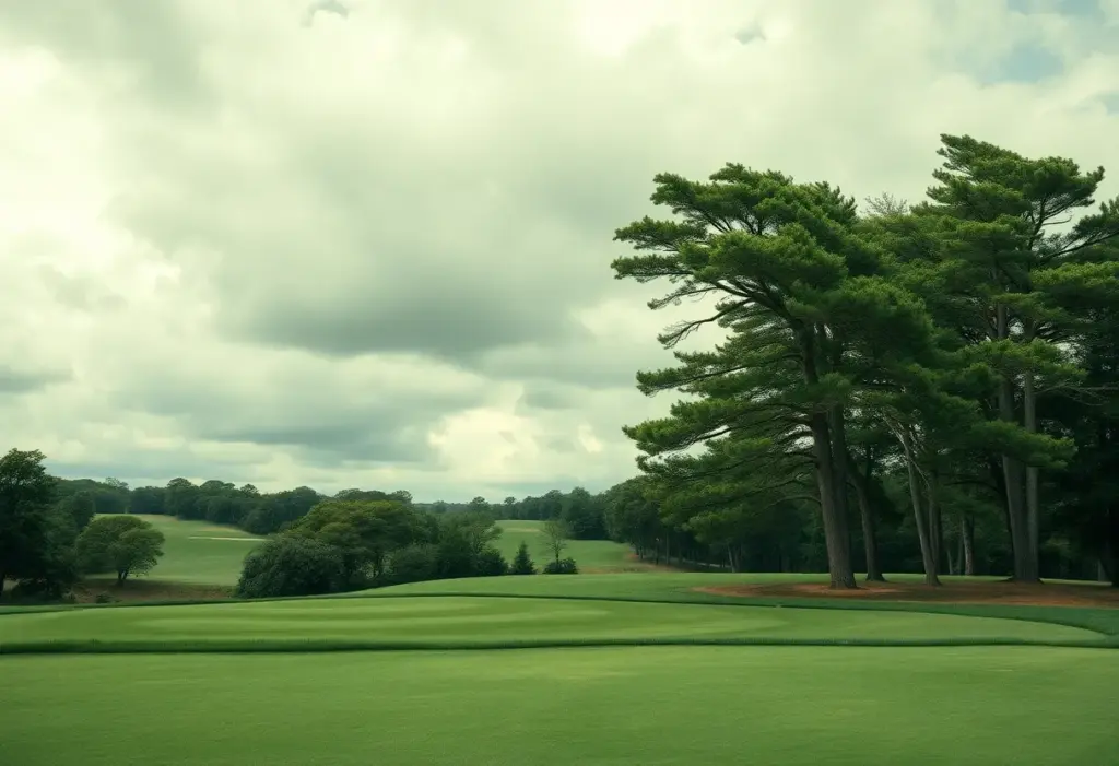 A beautiful golf course landscape during an Australian Open event, with windy conditions.