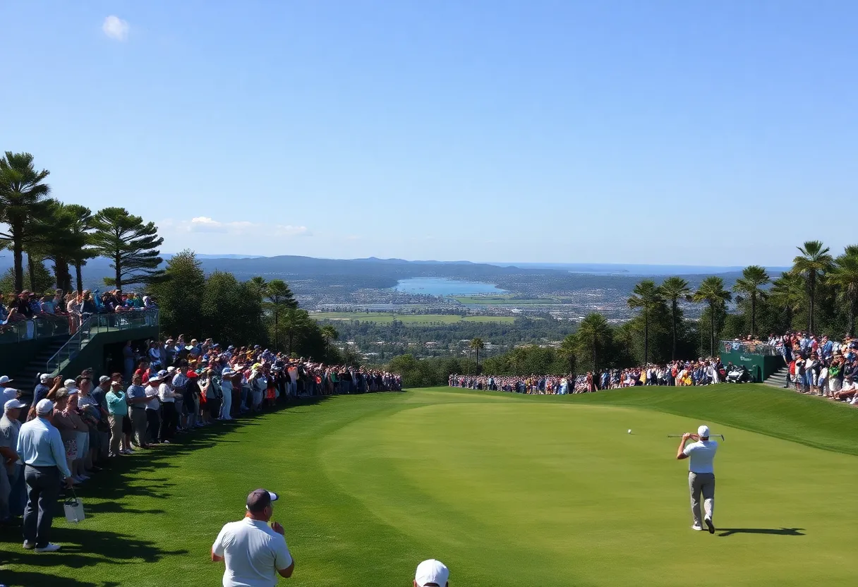A vibrant golf tournament scene with players and spectators