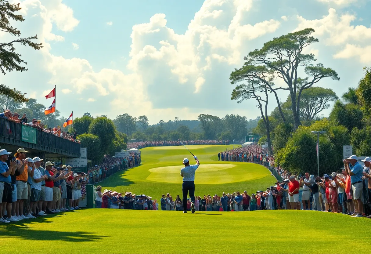 Golf players competing at the Australian Open amidst changing weather conditions.