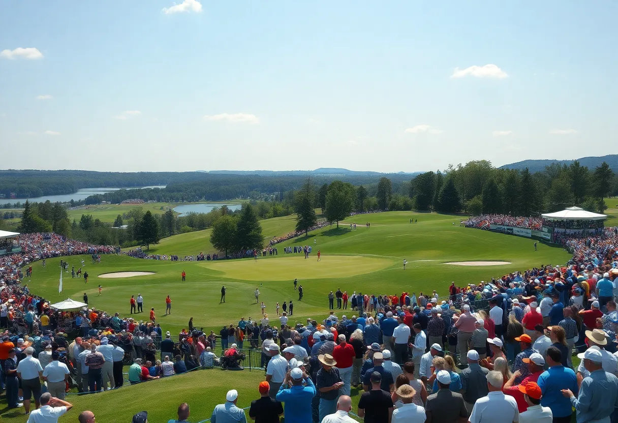 Scene from the Australian Open golf tournament with crowds and players