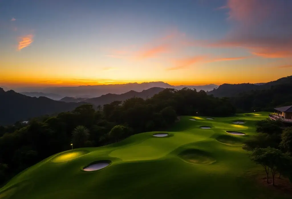 Panoramic view of Ba Na Hills Golf Club at sunset with illuminated course.
