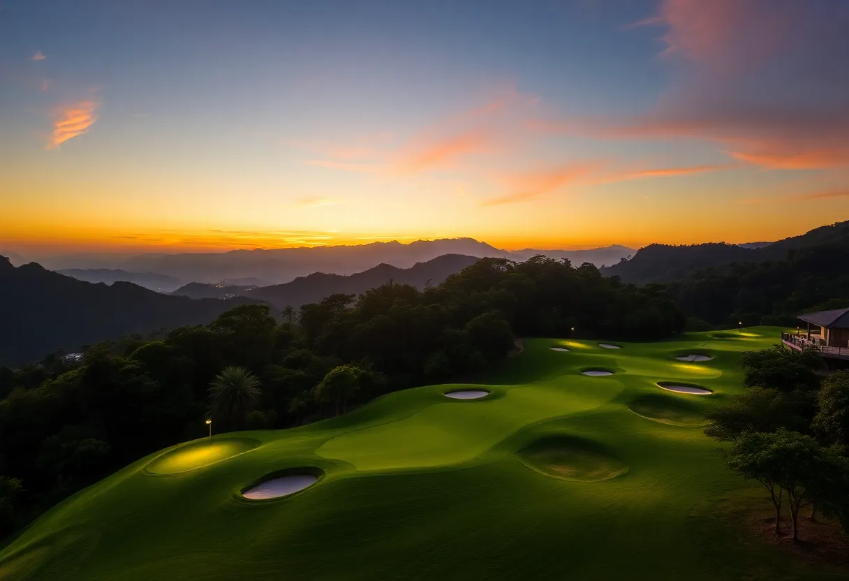 Panoramic view of Ba Na Hills Golf Club at sunset with illuminated course.
