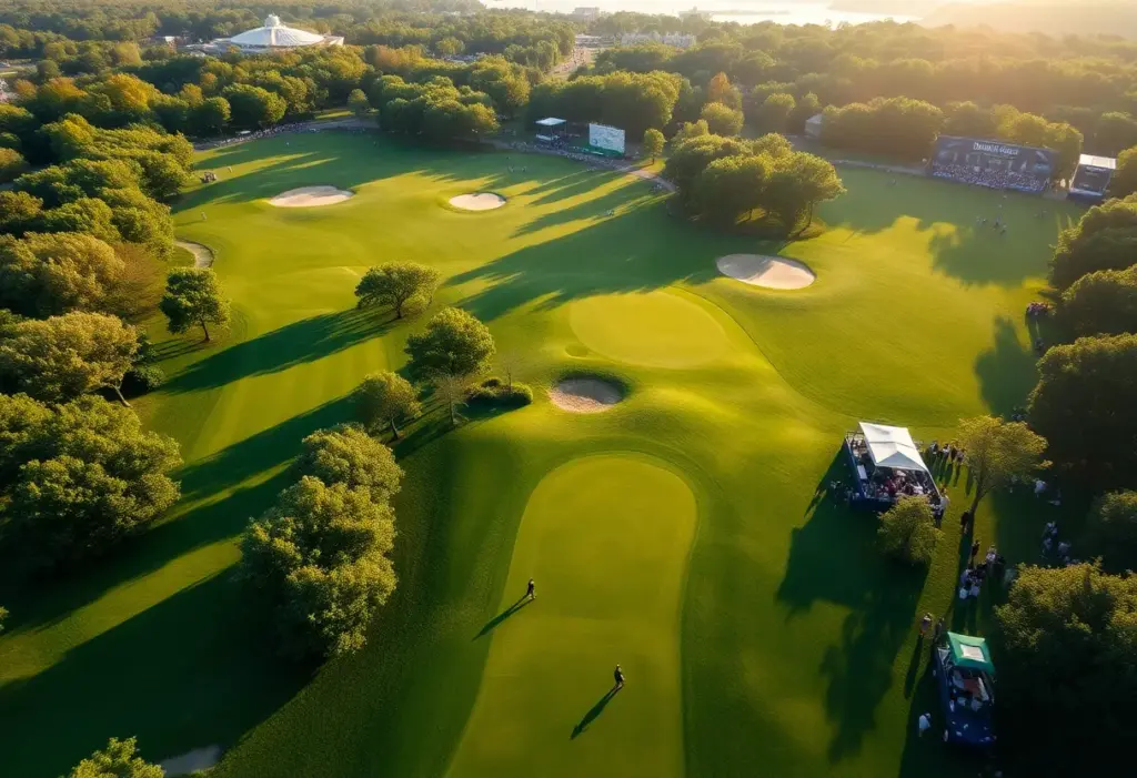 Aerial view of Bethpage Black Golf Course during a golf tournament.