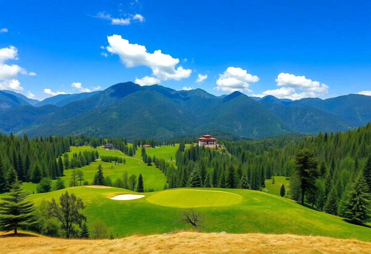 Golf course in Bhutan with mountains and forests in background