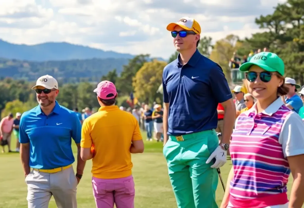 Golf course scene with colorful apparel and spectators
