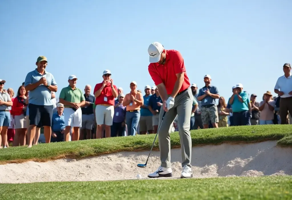 Golfer preparing to take a shot from a bunker during a golf match.
