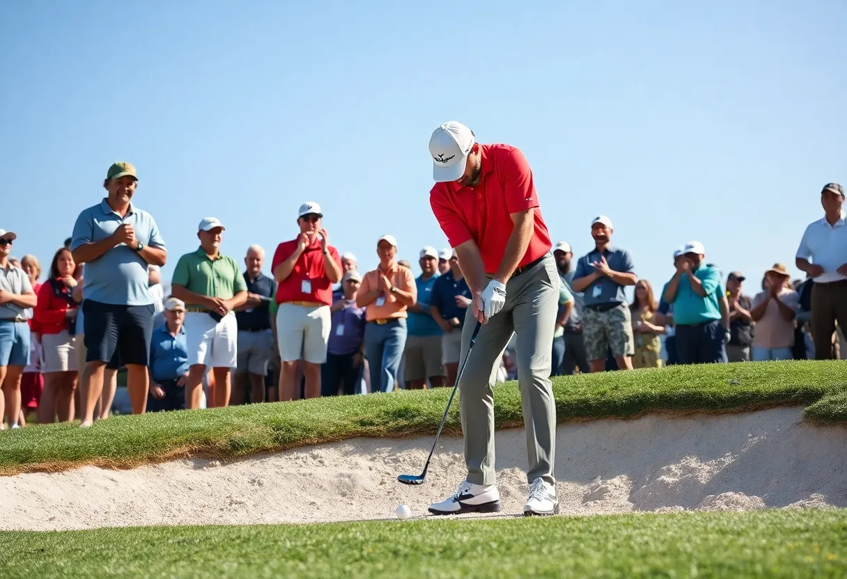 Golfer preparing to take a shot from a bunker during a golf match.