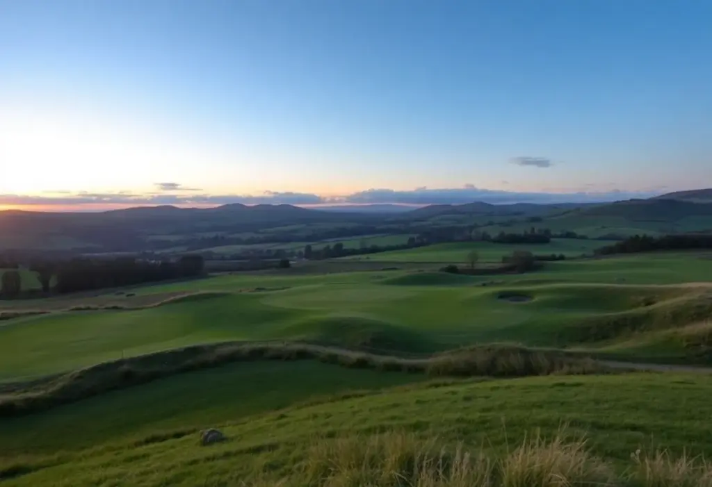 Scenic view of a bunkerless golf course with lush greenery and rolling hills