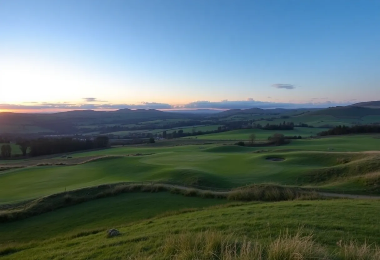 Scenic view of a bunkerless golf course with lush greenery and rolling hills