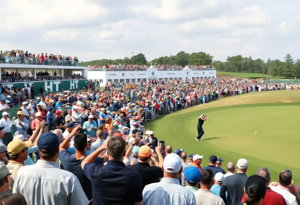 Crowds cheering at the Australian Open golf tournament.