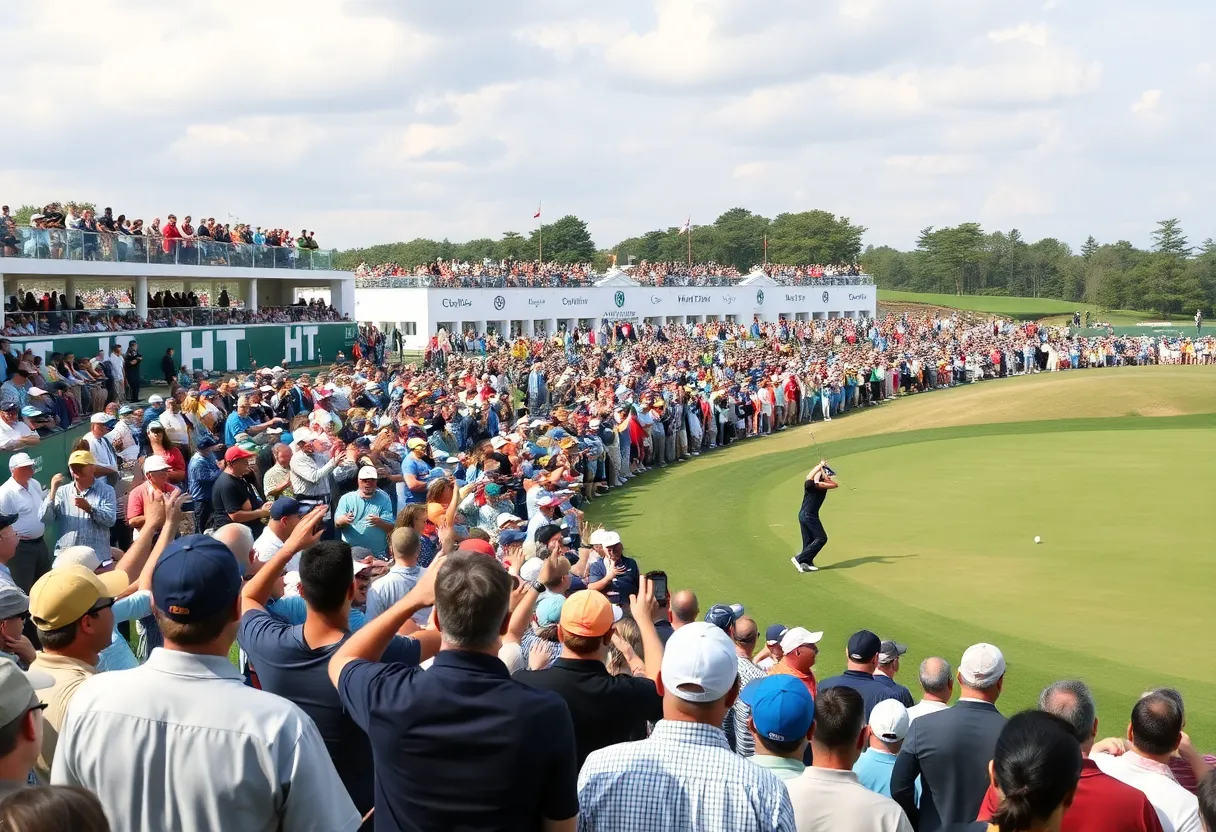 Crowds cheering at the Australian Open golf tournament.