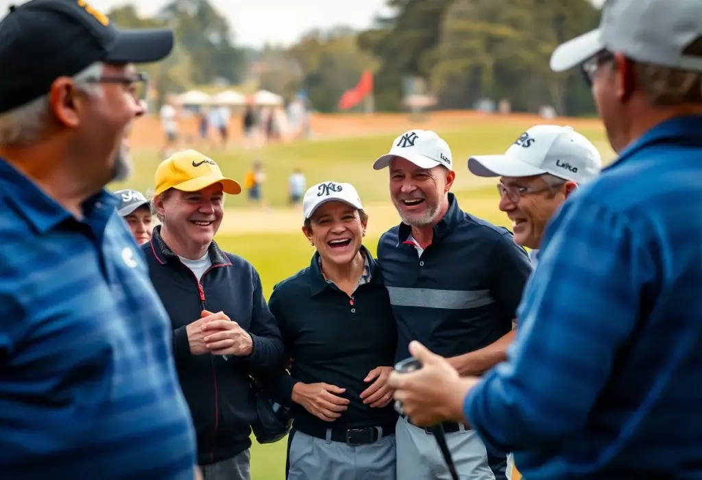 Fans enjoying a humorous moment at a golf event