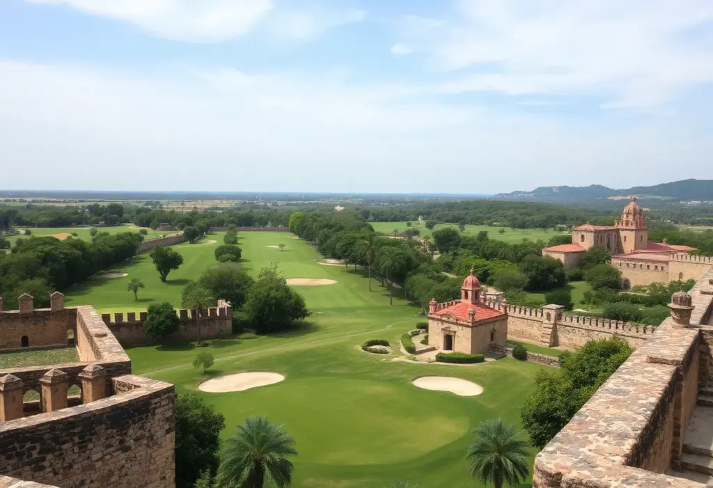 Aerial view of Club Intramuros Golf Course with historical walls in the background.