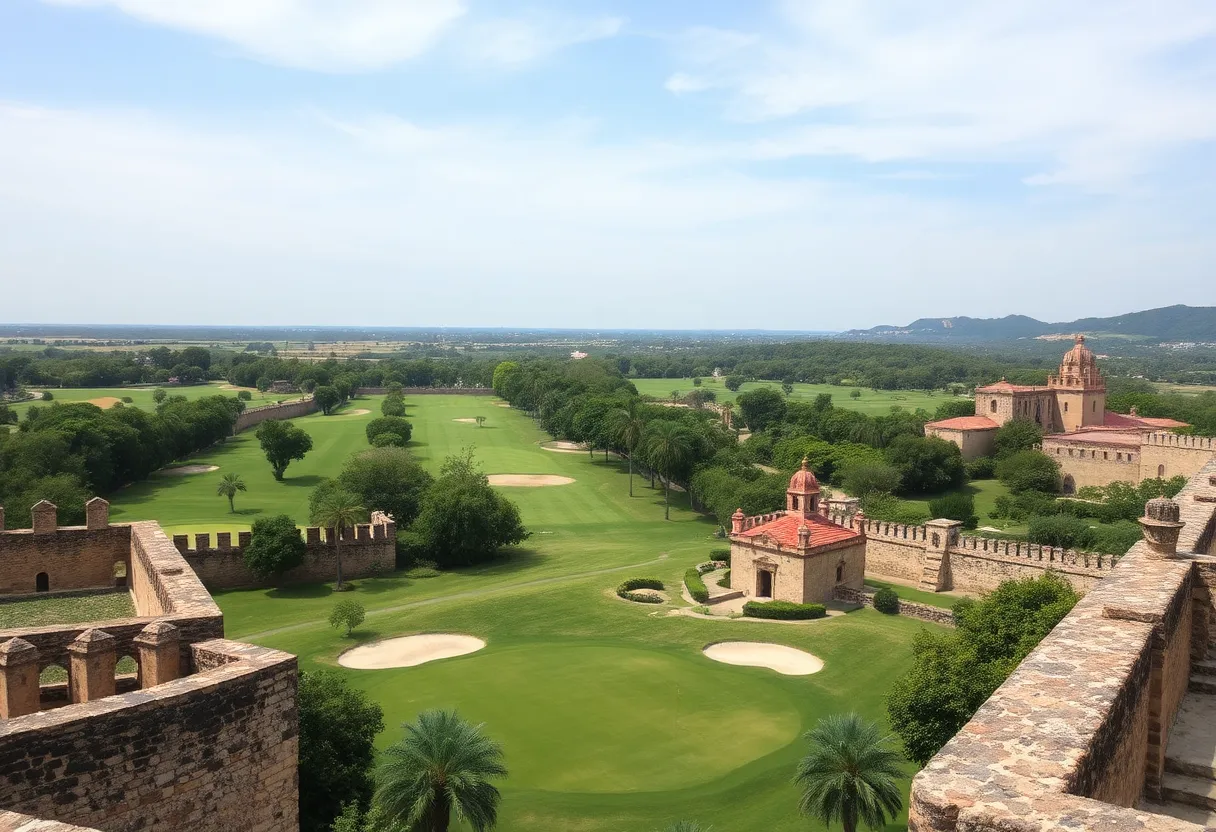 Aerial view of Club Intramuros Golf Course with historical walls in the background.