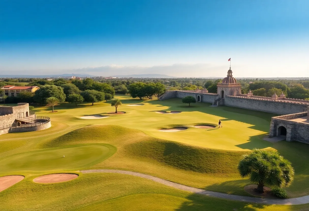 A view of Club Intramuros Golf Course with historical fortifications.