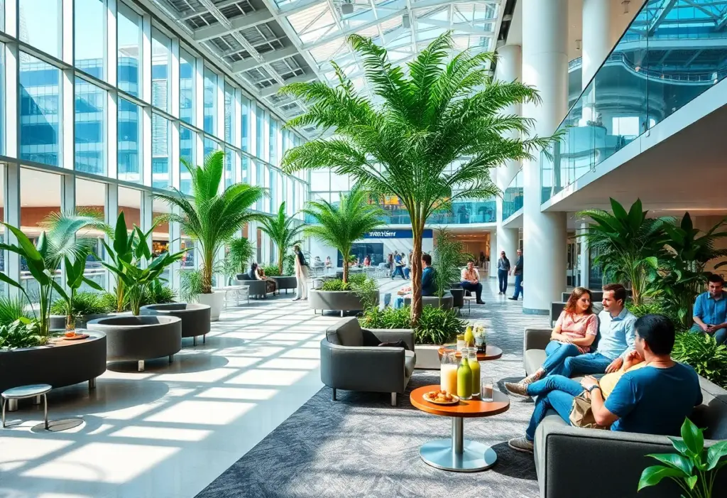 Travelers enjoying a modern airport lounge