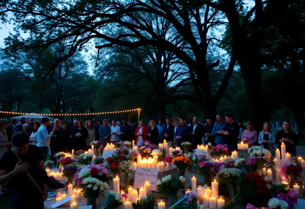 Community members gather in remembrance with flowers and candles.