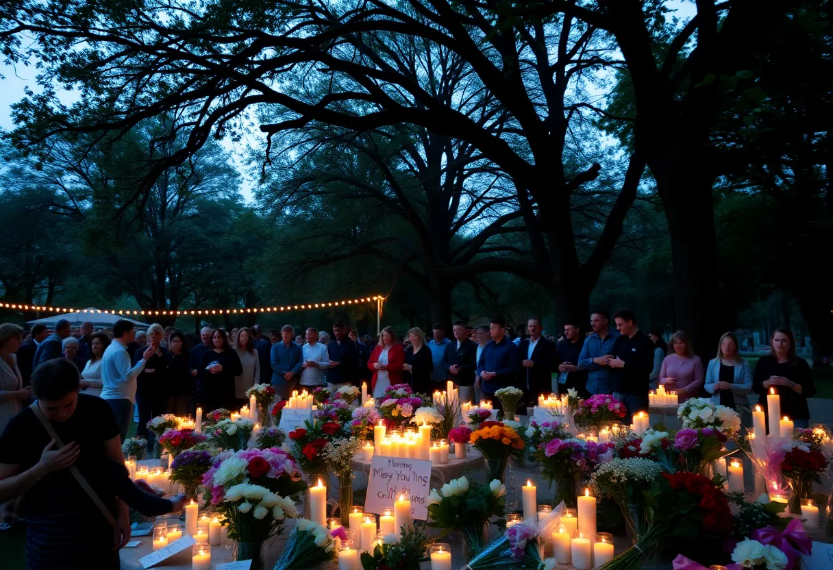 Community members gather in remembrance with flowers and candles.