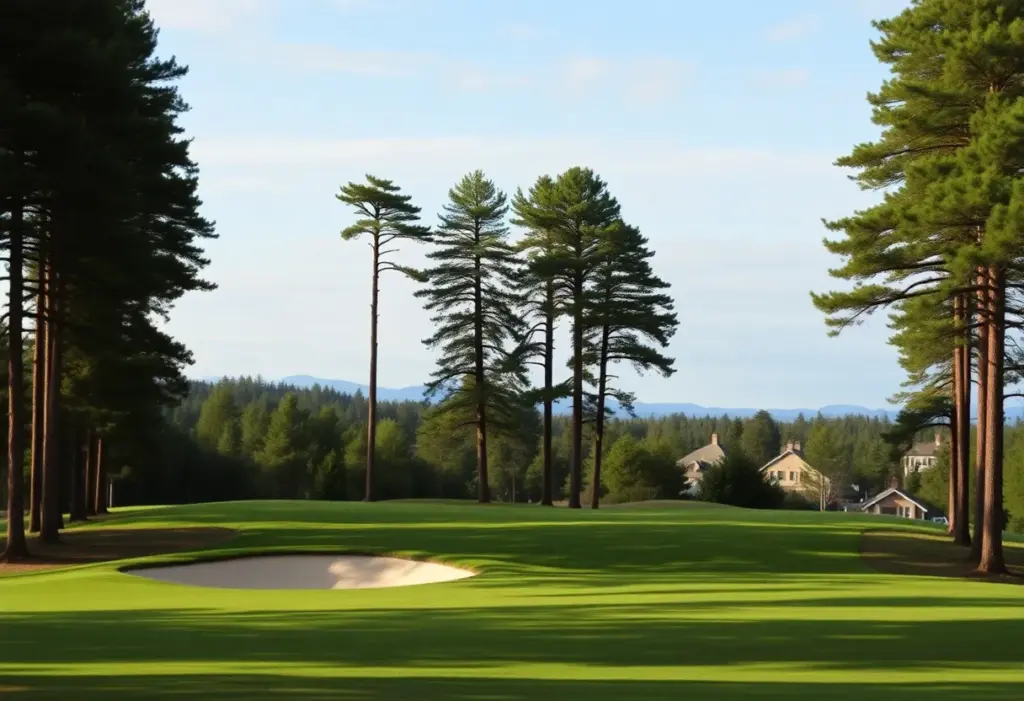 Scenic view of the Craigtoun Course with tall trees and bunkers