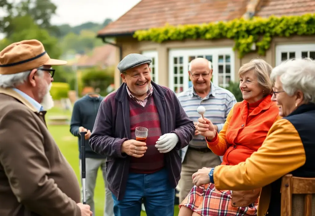 Scene of a golf club filled with happy members and playful activities