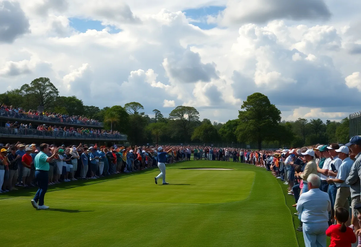 Golf tournament scene at the Crown Australian Open with players and spectators