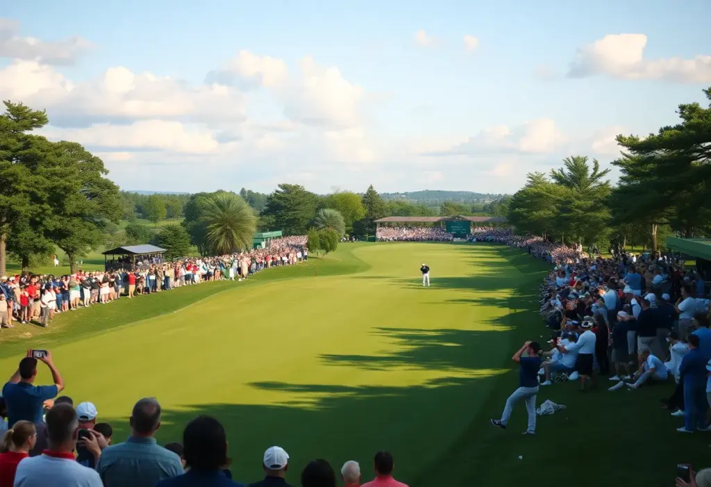 A vibrant scene from the Crown Australian Open golf tournament, showcasing the lush course and enthusiastic crowds.