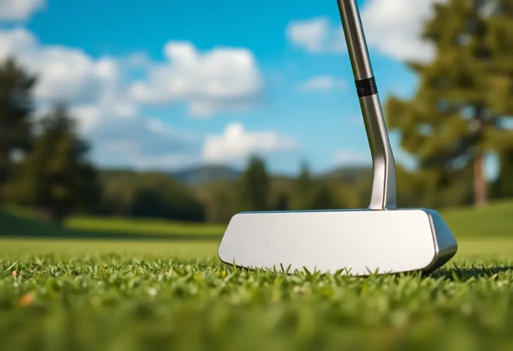 Custom golf putter displayed on a lush golf course.